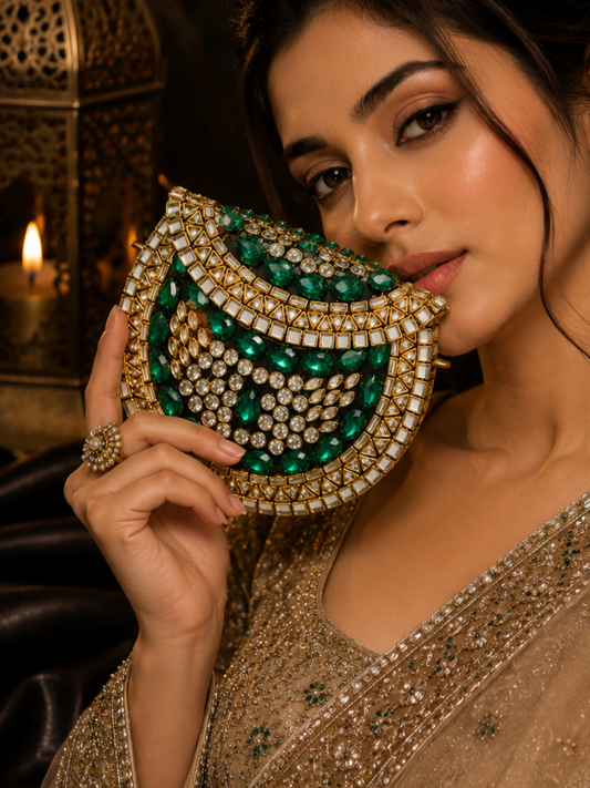 Emerald Luxe Kundan Clutch