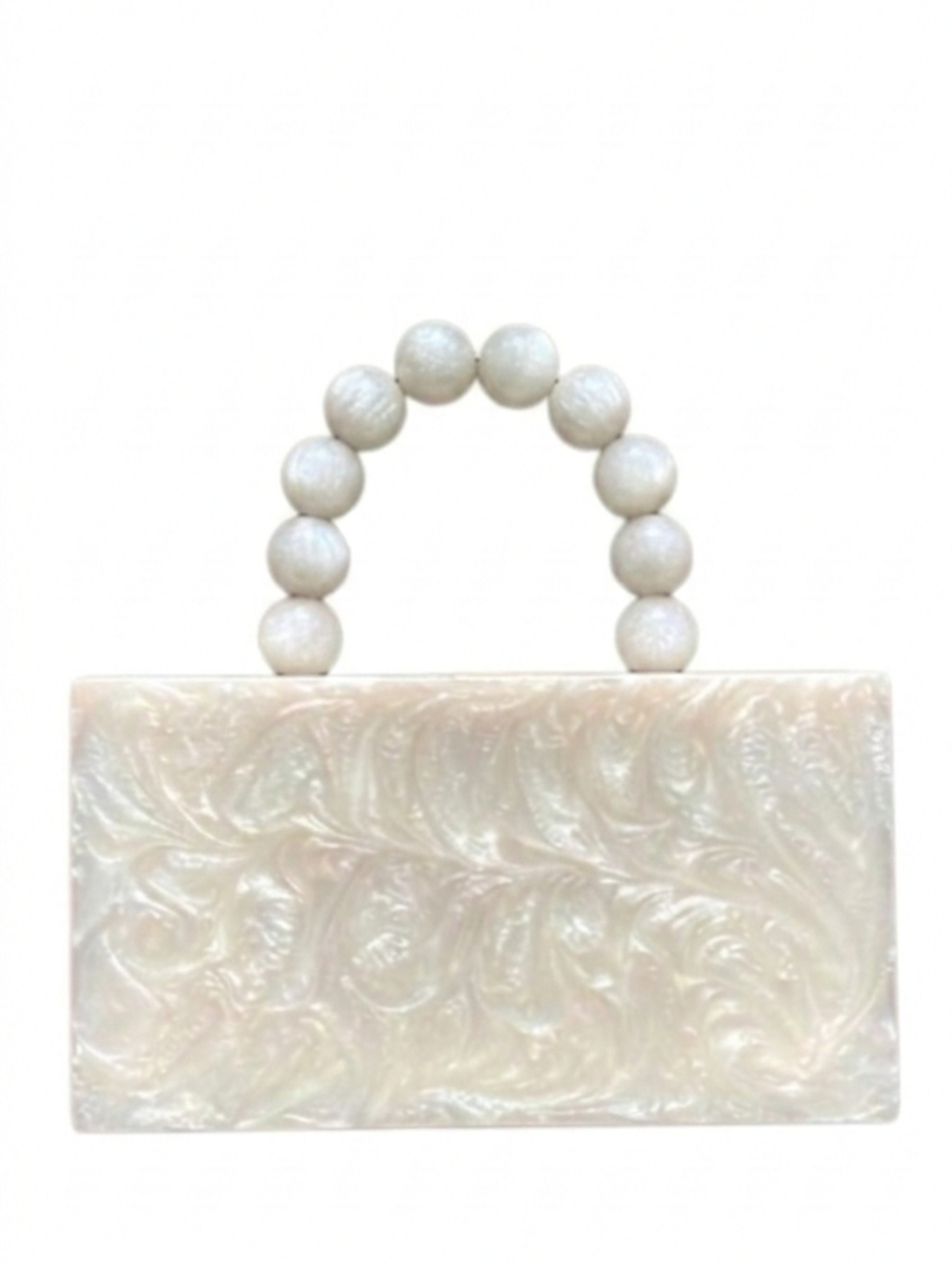 White customized embossed clutch bag with textured surface, stylish accessory suitable for evening and formal occasions.