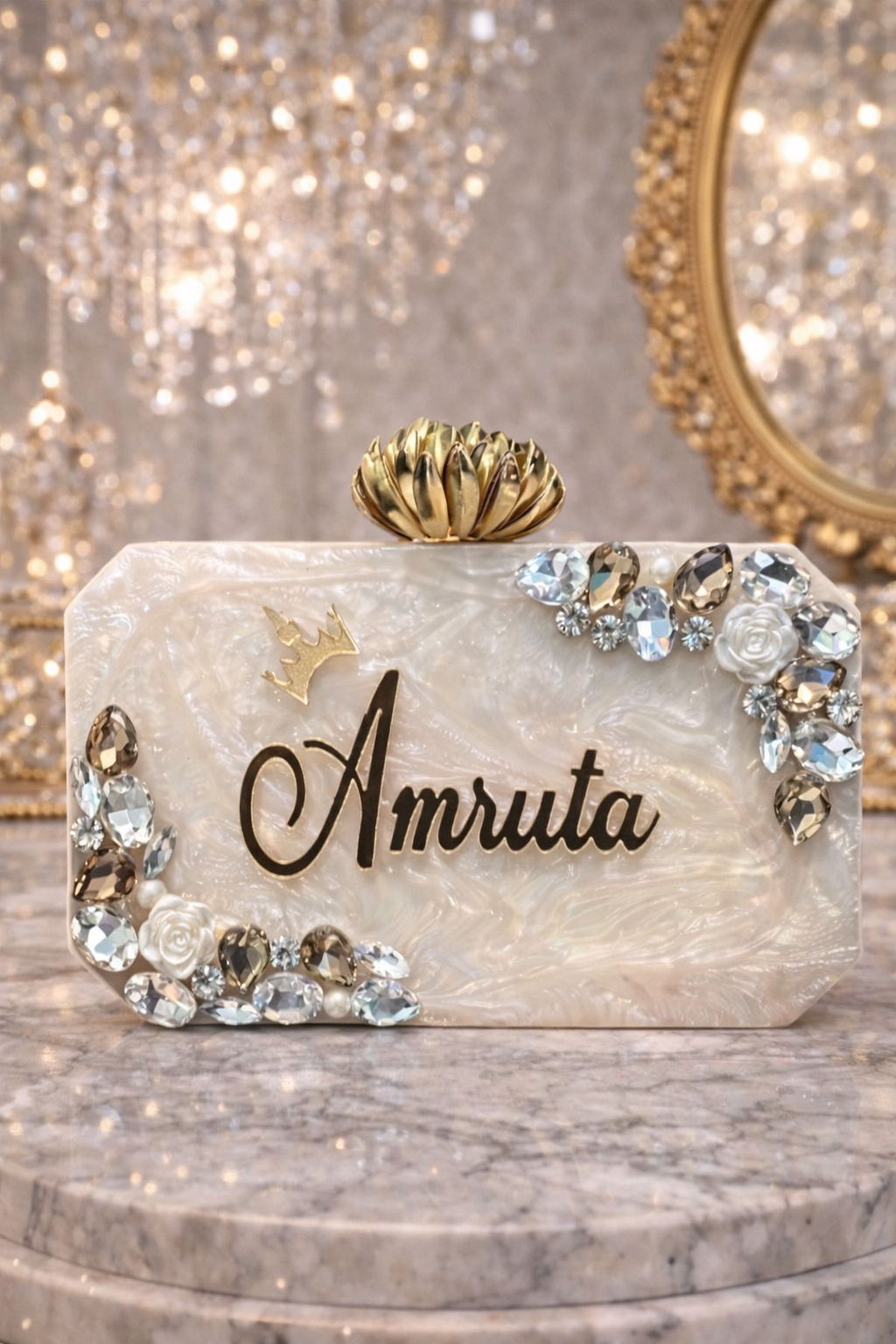 White customized Resin clutch embossed with your name by aclutchstory with textured surface and sleek design for elegant occasions.