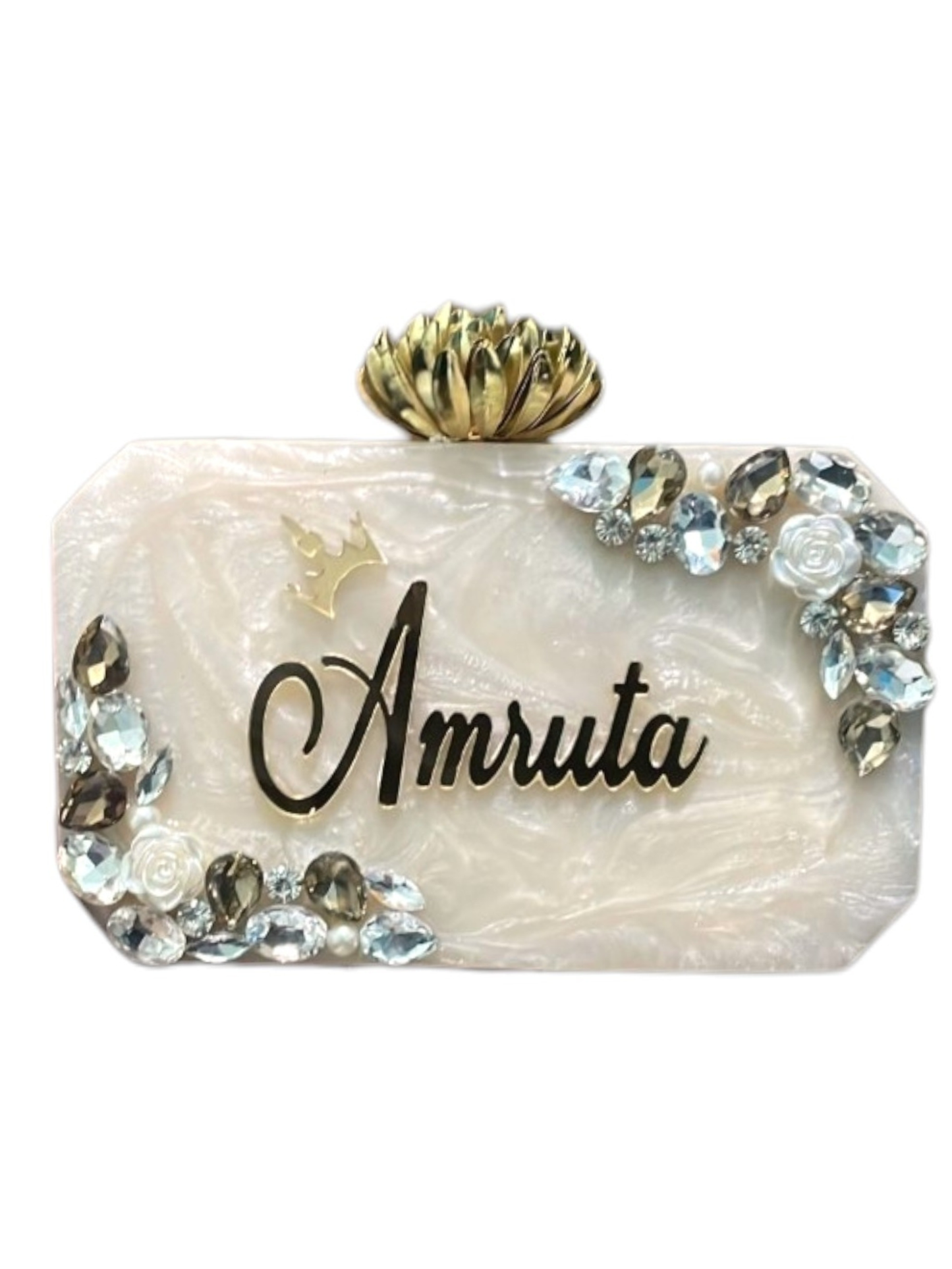 White customized Resin clutch embossed woth your name by aclutchstory, featuring elegant textured surface and sleek design for stylish occasions. 