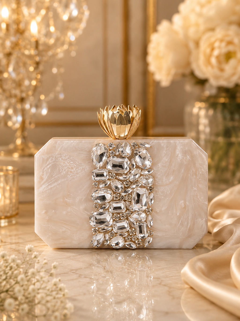 Luxurious handbag with crystal embellishments on a reflective surface