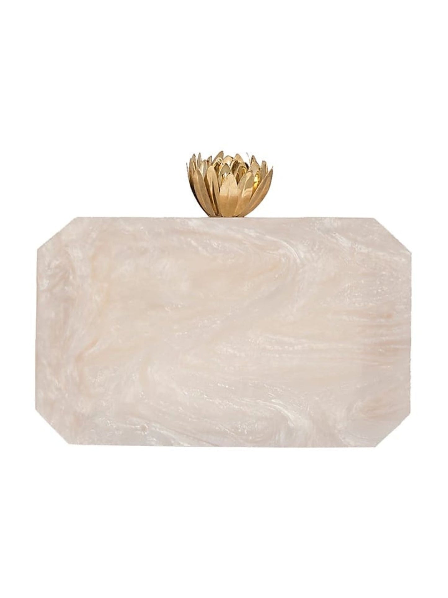 White Lotus Resin clutch bag by aclutchstory featuring a sleek, white design with intricate lotus flower details.