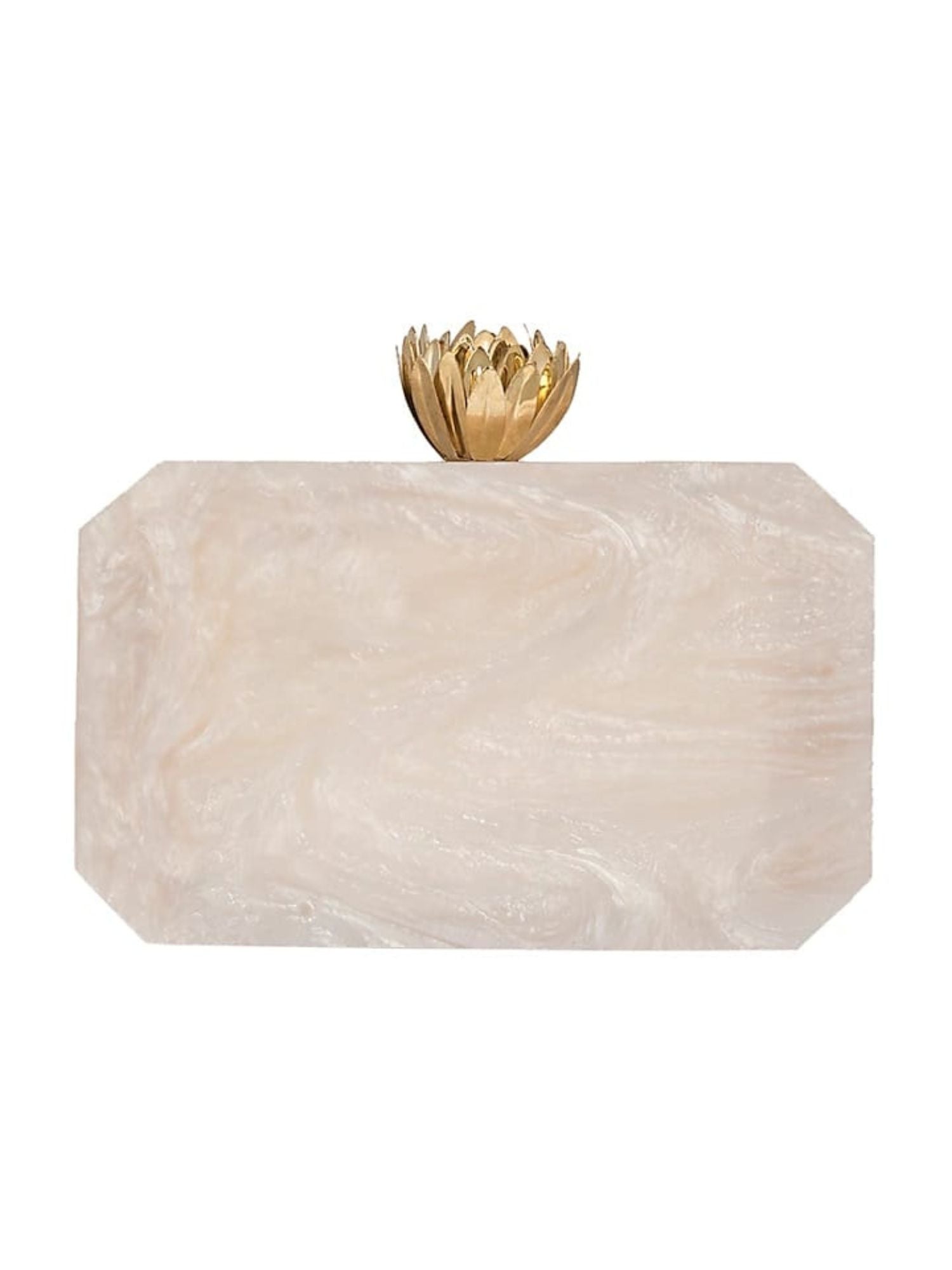 White Lotus Resin clutch bag by aclutchstory featuring a sleek, white design with intricate lotus flower details.