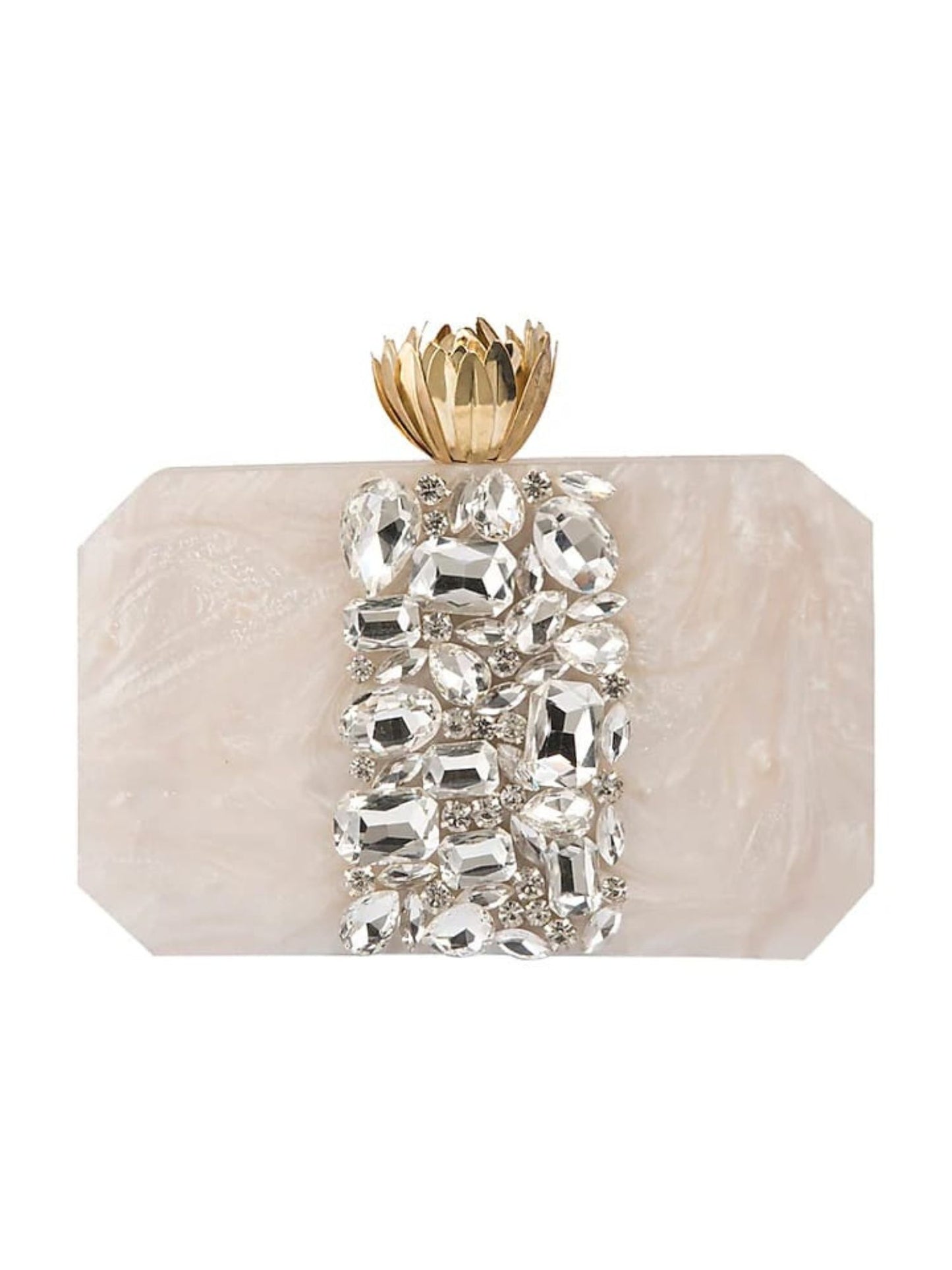 White Lotus resin clutch bag by aclutchstory with floral design and sleek finish, perfect for elegant occasions.