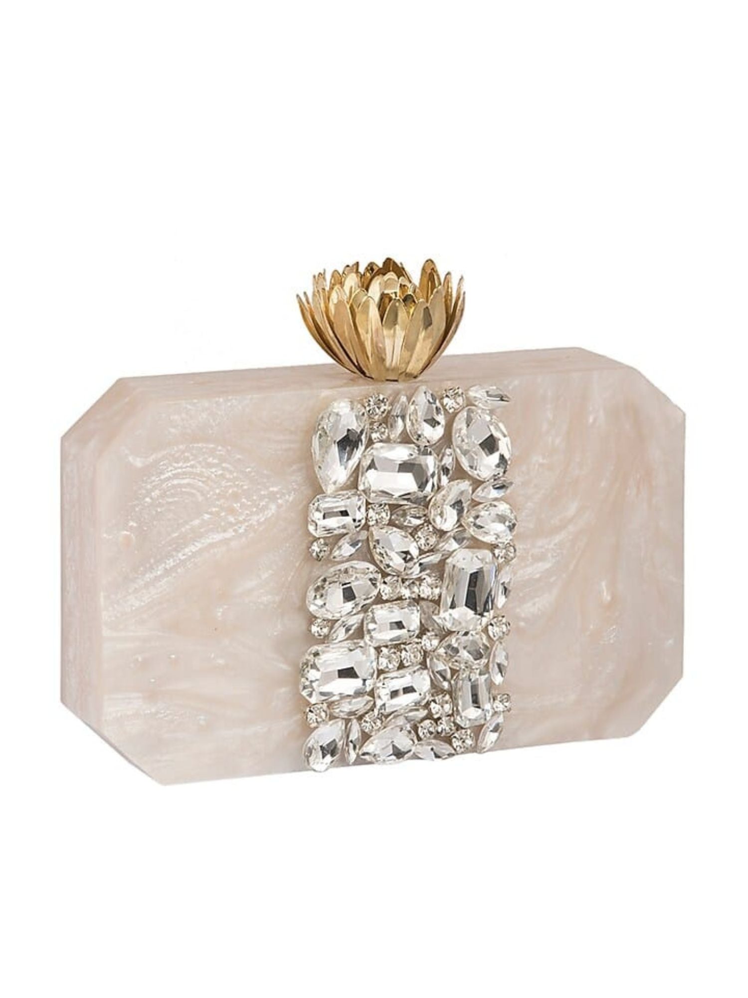 White Lotus resin clutch bag by aclutchstory with a sleek, modern design and floral lotus pattern on smooth white surface.